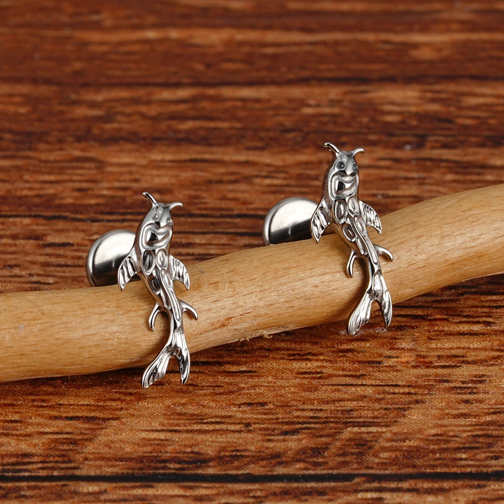 Right Grand ASTM 36 Koi Fish Cartilage Earring Tiny Tragus Stud Helix Conch Flatback Piercing 16G Animal Body Jewelry 250805