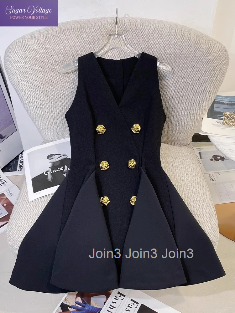 French Elegant Sleeveless A-Line Dress Women Summer Black Classic Party Style V Neck Vest With Gold Button Detail Office Clothes