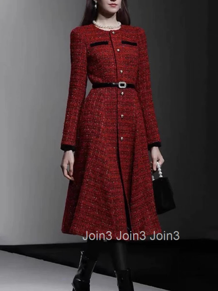 Fall Winter French Vintage High Quality Wine Red Thick Tweed A Line Dress Lady Elegant O Neck Long Sleeve Slim Party Dress