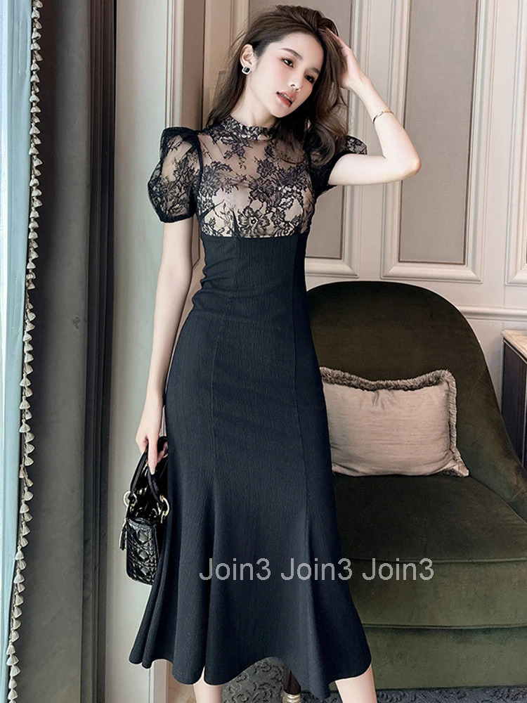 Elegant Style Long Dress Women Retro Chic Sexy Black Sheer Lace Spliced High Waist Fishtail Robe Femme Party Prom Vestidos Mujer