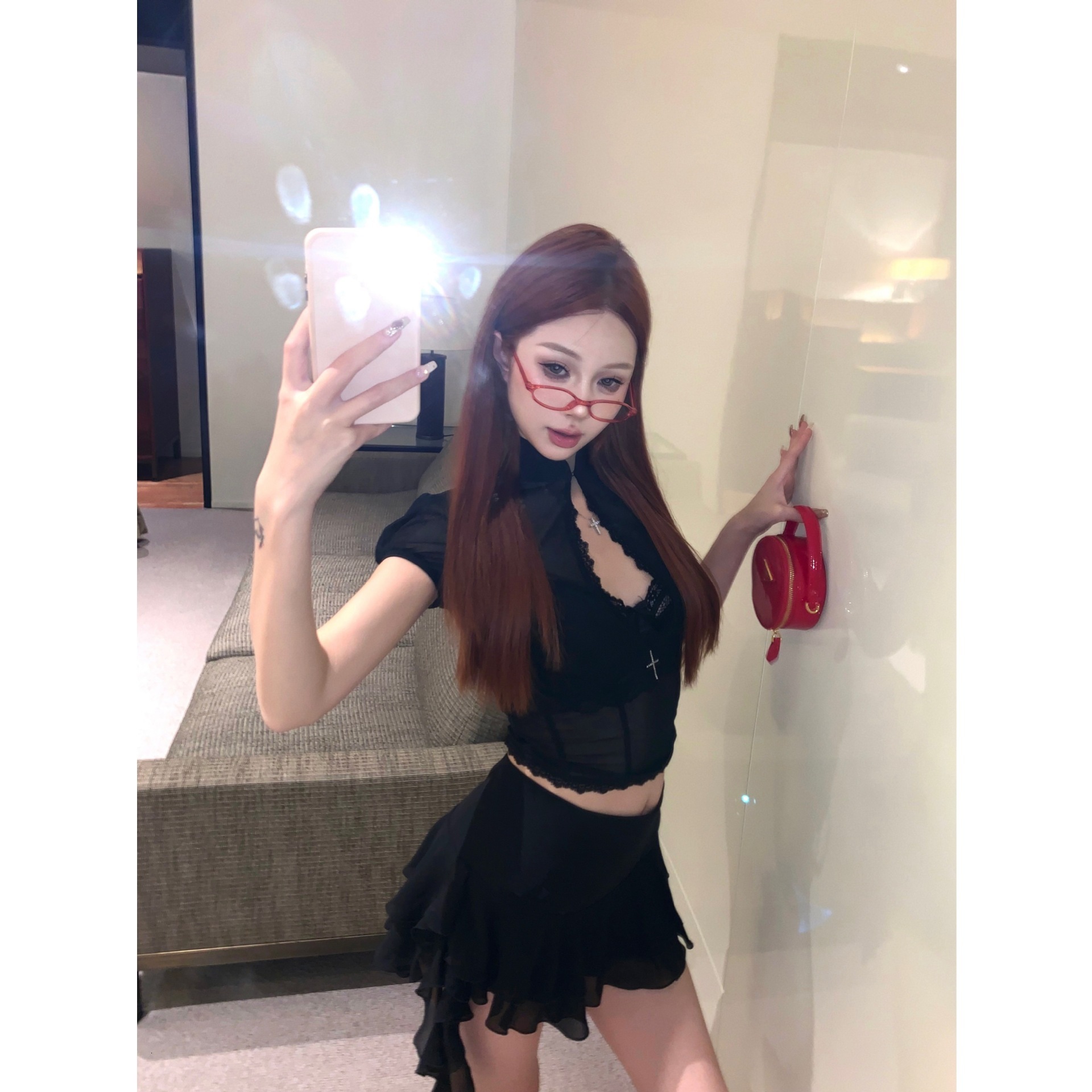Spicy Girl Black Mesh Long Sleeve T-Shirt Top with Lace Bra for Women Summer Half Skirt Three-Piece Set
