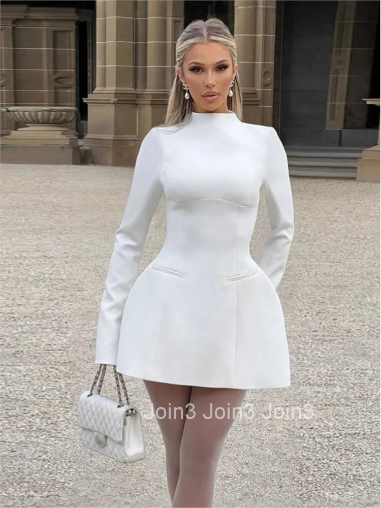 Womens Elegant Pocket Slim Mini Dress Fashion Backless Long Sleeve High Waist A-line Dresses Party Club Bodycon Short Vestidos