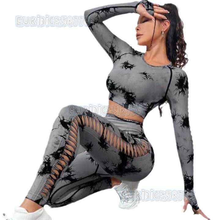 Side Hollow Out Short Sleeve Shorts Long Sleeve Long Pants Tie Dye 4-piece Set Women Outdoor Sports Fitness Yoga Outfit H250806