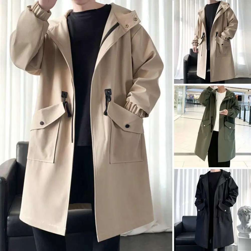 Comfortable Men Windbreaker Streetwear Mens Trench Coat with Hood Big Pockets Windproof Mid Length Solid Color for Men 250805