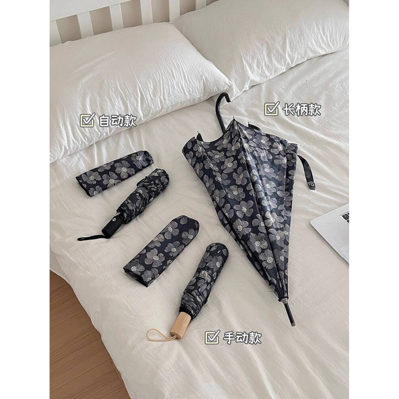Msho Abstinence Style High-Value Black Flower and Rain UPF50+ Long Handle for Women Foldable Protection UV Sun Umbrella