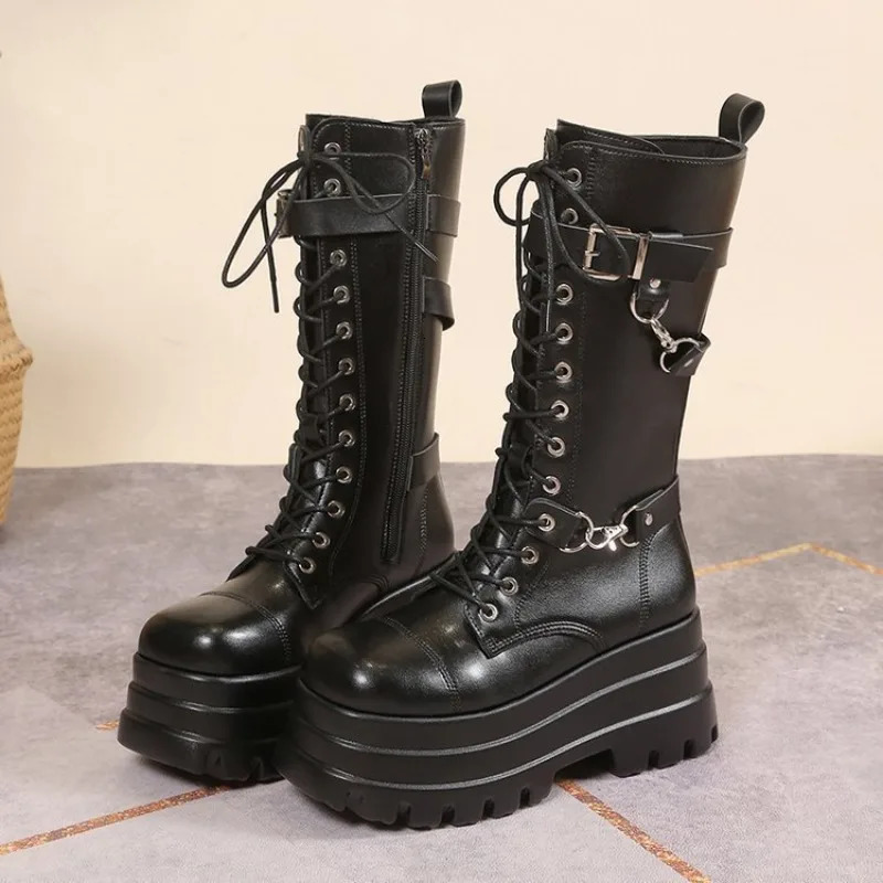 Plus Size 43 Autumn Women Boots Buckle Round Toe Wedges Platform Punk Goth IN Street Shoes Combat for 250801