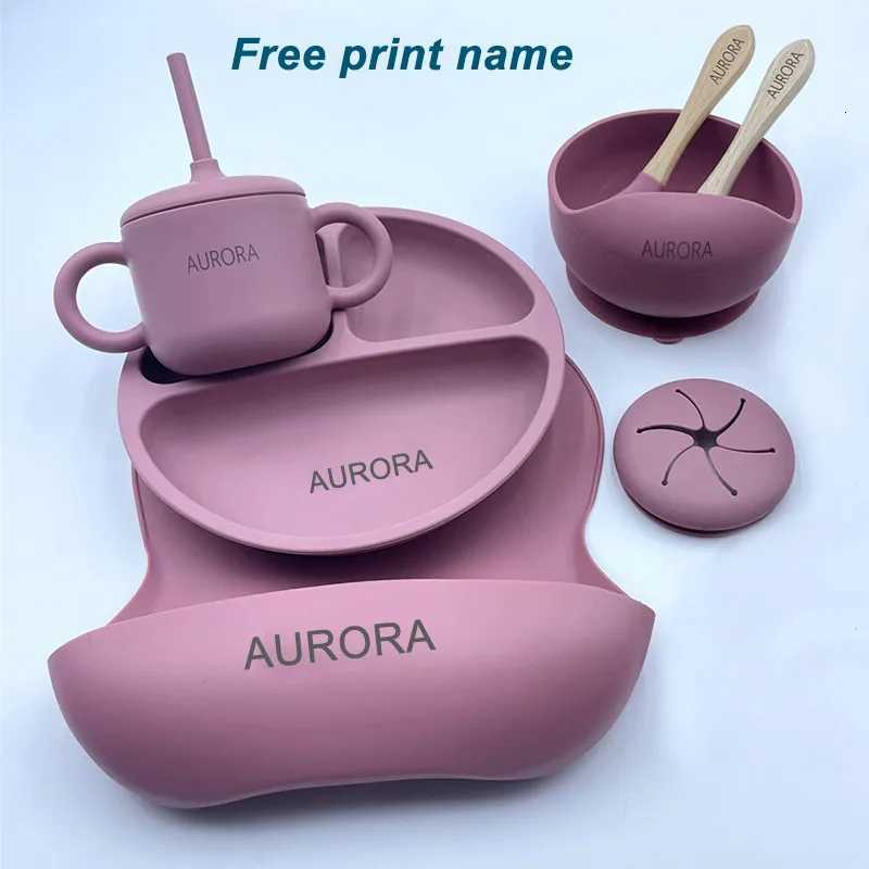 Free Personalized Names Baby Feeding Set 6Pcs Silicone Sucker Bowl Plate Straw Cup Childrens Dishes Set Newborn Gift BPA Free X250806