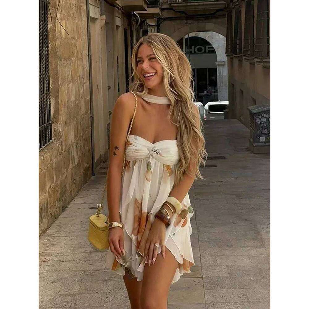 Designer Clothing 2025 Women Casual Printed Pleated Scarf Collar Mini Dresses Chic Sleeveless Off Shouder Short Vestido Summer Lady Party Beach Robe