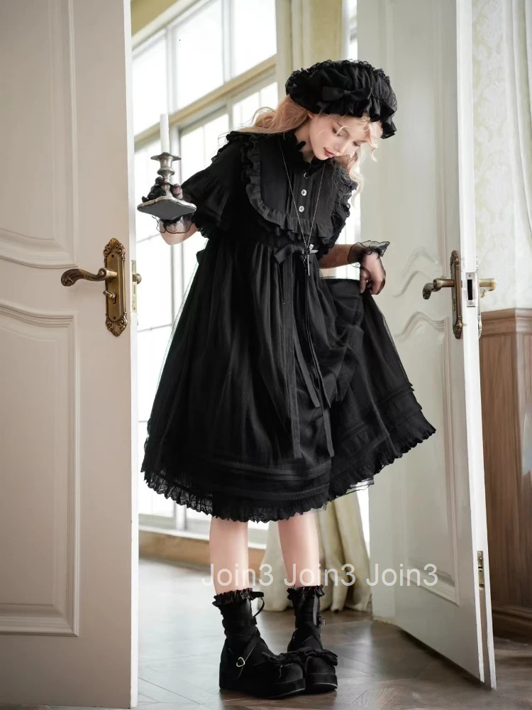 Classical Gothic Lolita Dress Black Loose Puff Sleeve Dresses Women Summer Darkly Retro Sweet Clothing Fashion New Elegant Dress