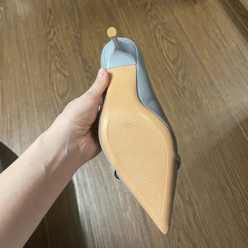 Women 7cm High Heels Pumps Lady Scarpins Fetish Nightclub Blue Nude Low Heels Wedding Party Metal Chain Buckle Fetish Prom Shoes 250731