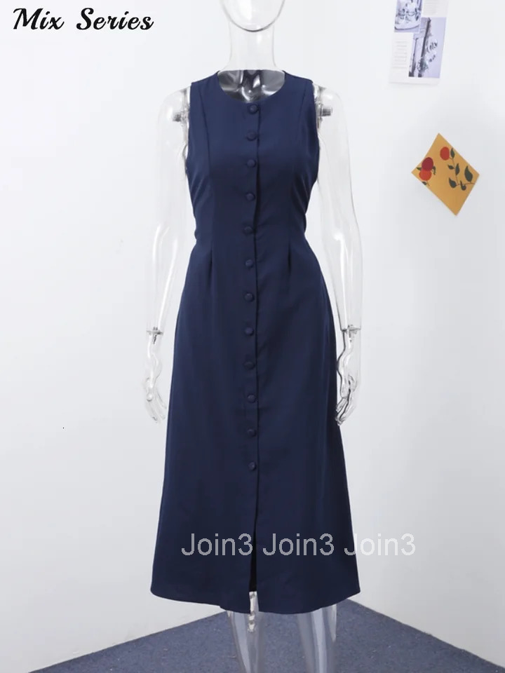 Elegant Sleeveless Long Dress Womens Slim Solid O-neck Single Breasted A-Line Dresses Summer New Ladies Fashion Robes