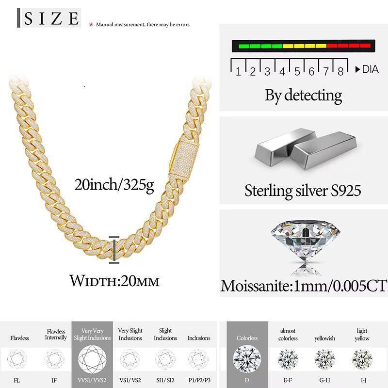 New Arrival Rapper Jewelry 20mm Gold Plated 925 Sterling Silver Round Cut VVS Moissanite Iced Out Cuban Link Chain for Men