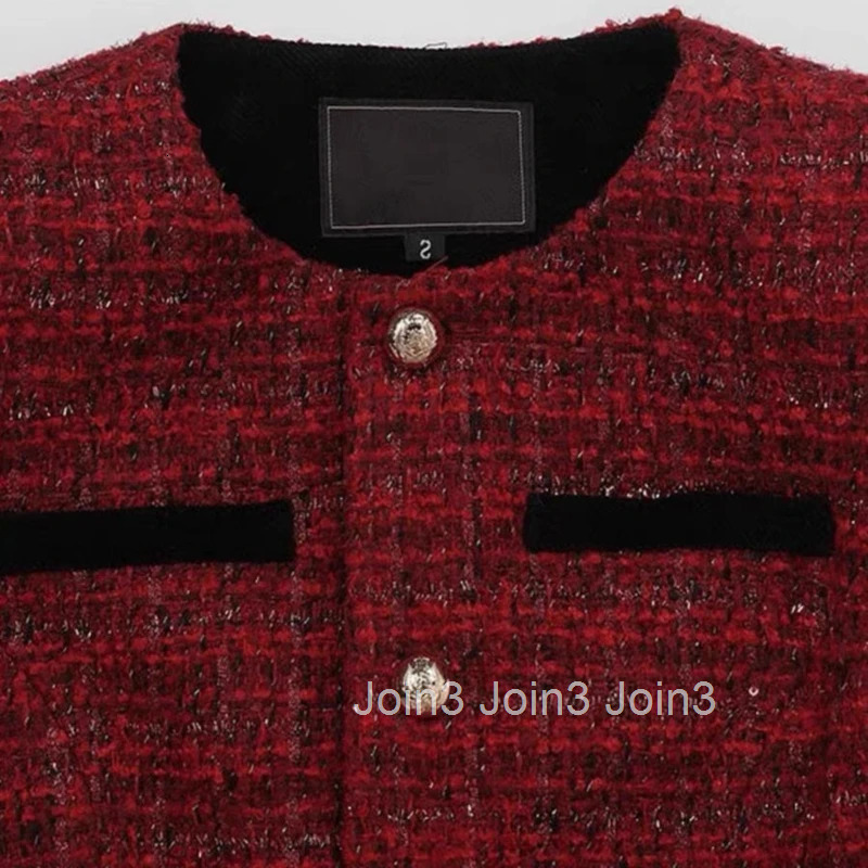 Fall Winter French Vintage High Quality Wine Red Thick Tweed A Line Dress Lady Elegant O Neck Long Sleeve Slim Party Dress