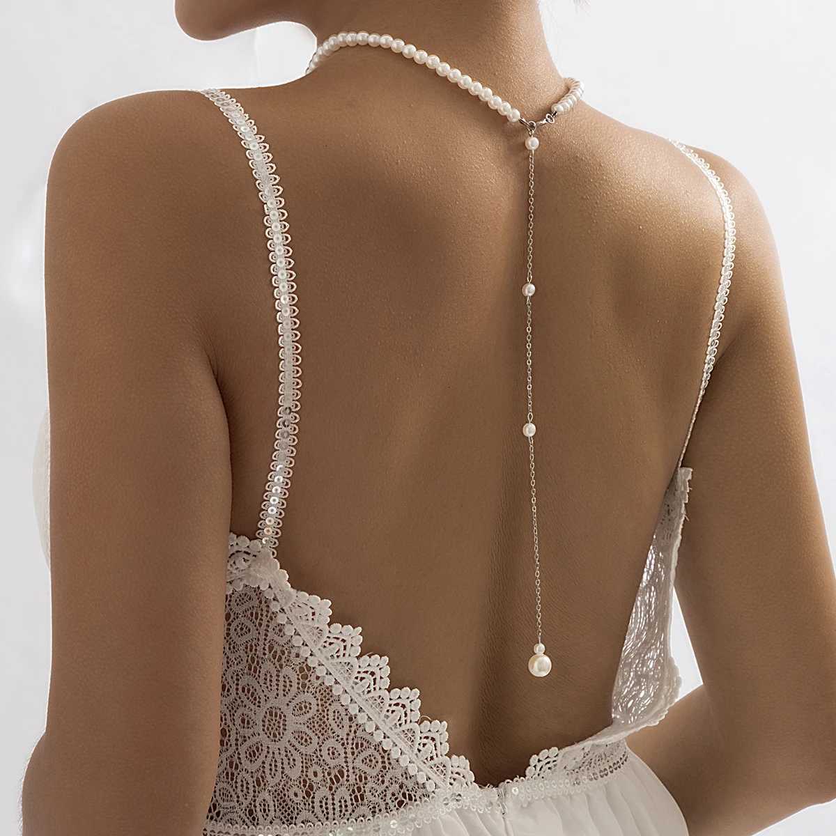 Vintage Elegant Simulated Pearls Clavicle Choker Necklace For Women Long Chain Tassel Pendant Wedding Jewelry Bikini Chest Chain Y250805