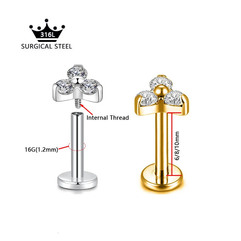 Flower Moon Butterfly Labret Stud Cross Claw Leaf Daith Conch Stud Earring Crown CZ Lip Internal Thread Piercing Steel 250805