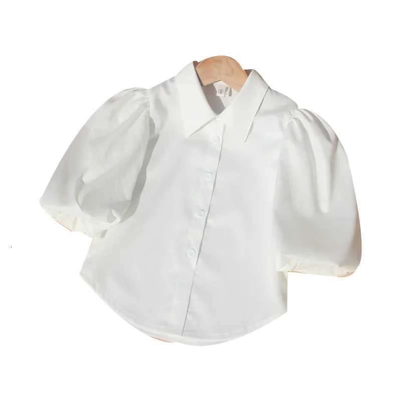 Korean Children Nine Point Sleeves White Blouses Toddler Girl Puff Sleeve Top Chiffon Summer Turn-down Collar Teen School Shirt X250806