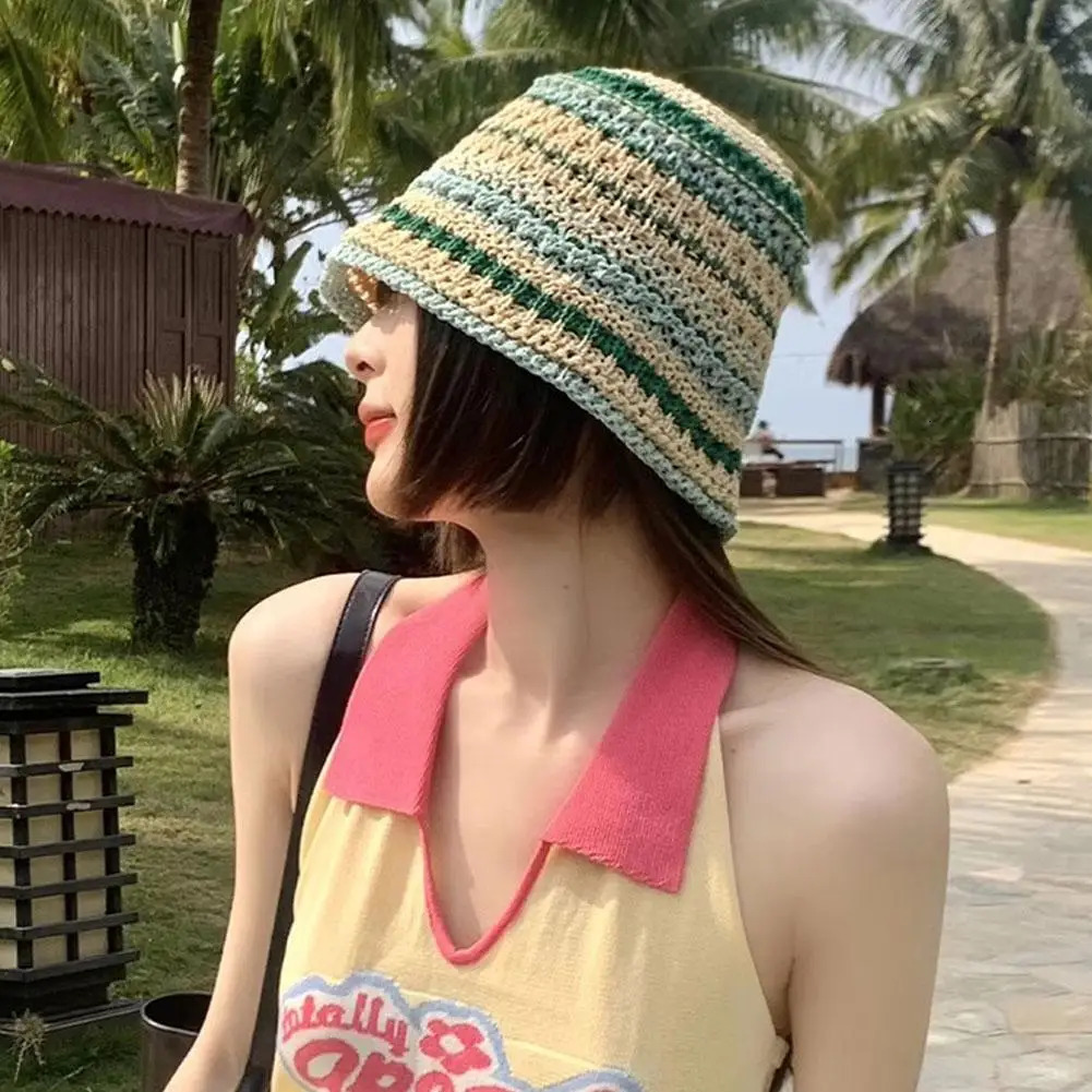 Japanese Style Woven Striped Fisherman Hat Retro Hollowed Hat Versatile Summer Breathable Sun Protection Foldable Beach Hats 250805
