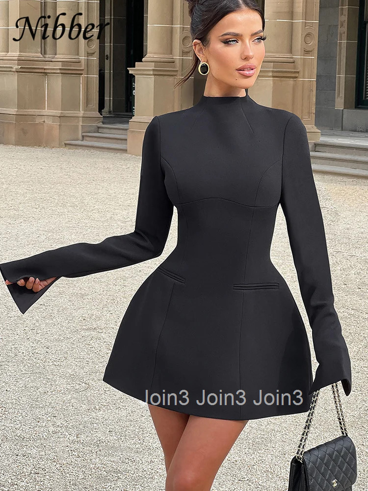 Elegant Backless Dress Women Button Half High Collar Zipper Solid Long Sleeve Autumn Casual Street Trend Mini Bodycon