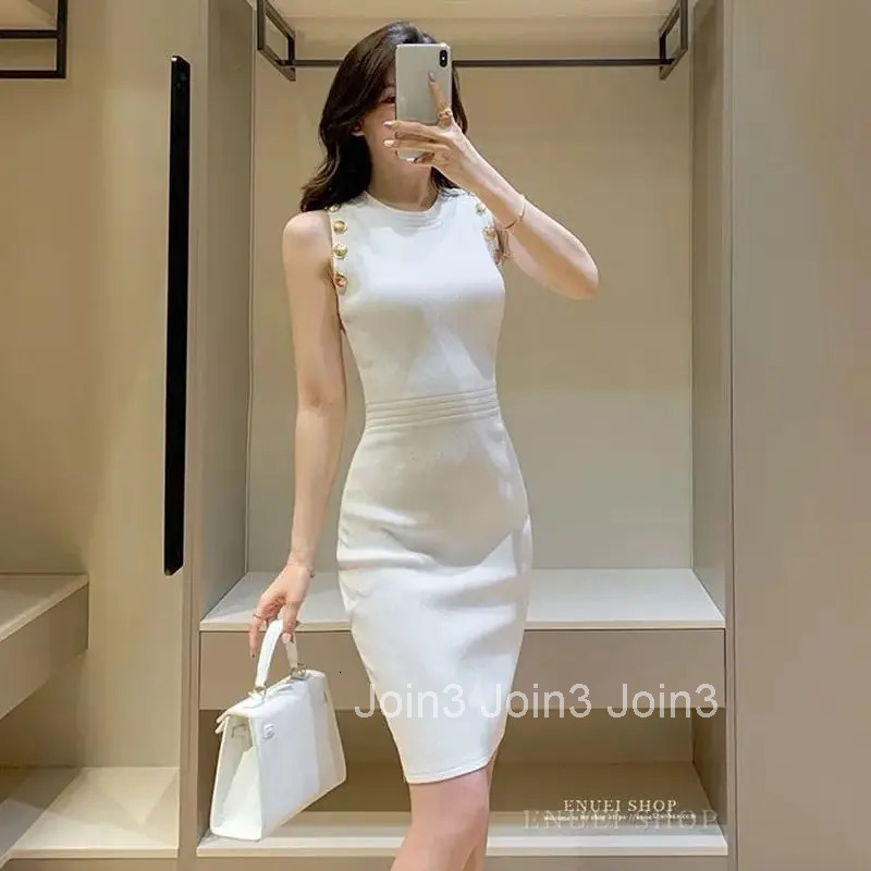 French Elegant Metal Button Knit Dress Sexy Sleeveless Bodycon Party Dresses Fashion Zipper Hollow Out Office Vestidos 336A