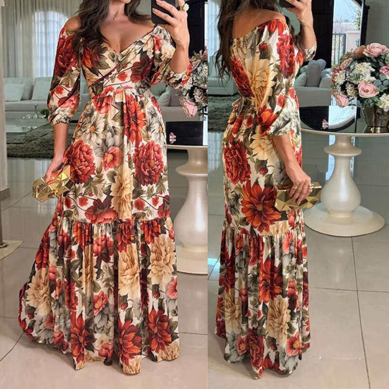 Spring New Women's Elegant Fashion Printed Mid-Length Sleeve V-Neck Dress B5