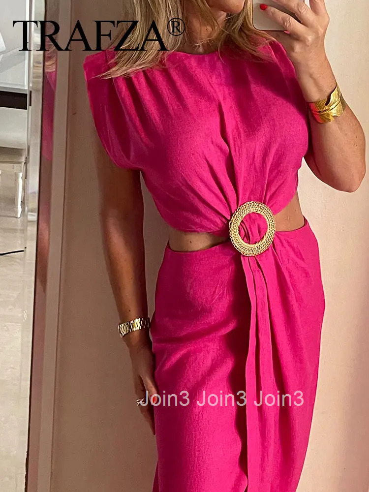 Women Waist Opening Design Dress Solid O Neck Sleeveless Split Dresses Slim Woman Elegant Evening Dress Vestidos Mujer