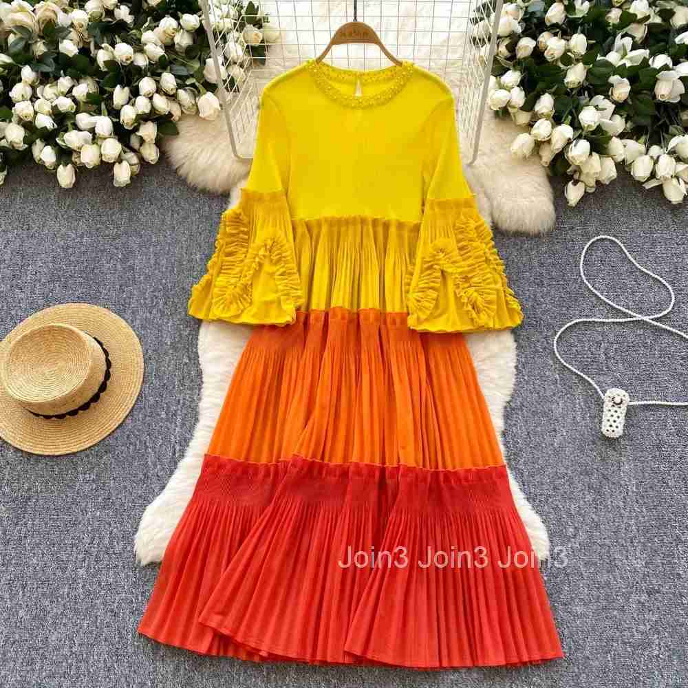 French Retro Elegant O Neck Flare Sleeve Chic Gradient Fairy A-line Dress Holiday Womens Fashion Summer Vest Sweet Clothing