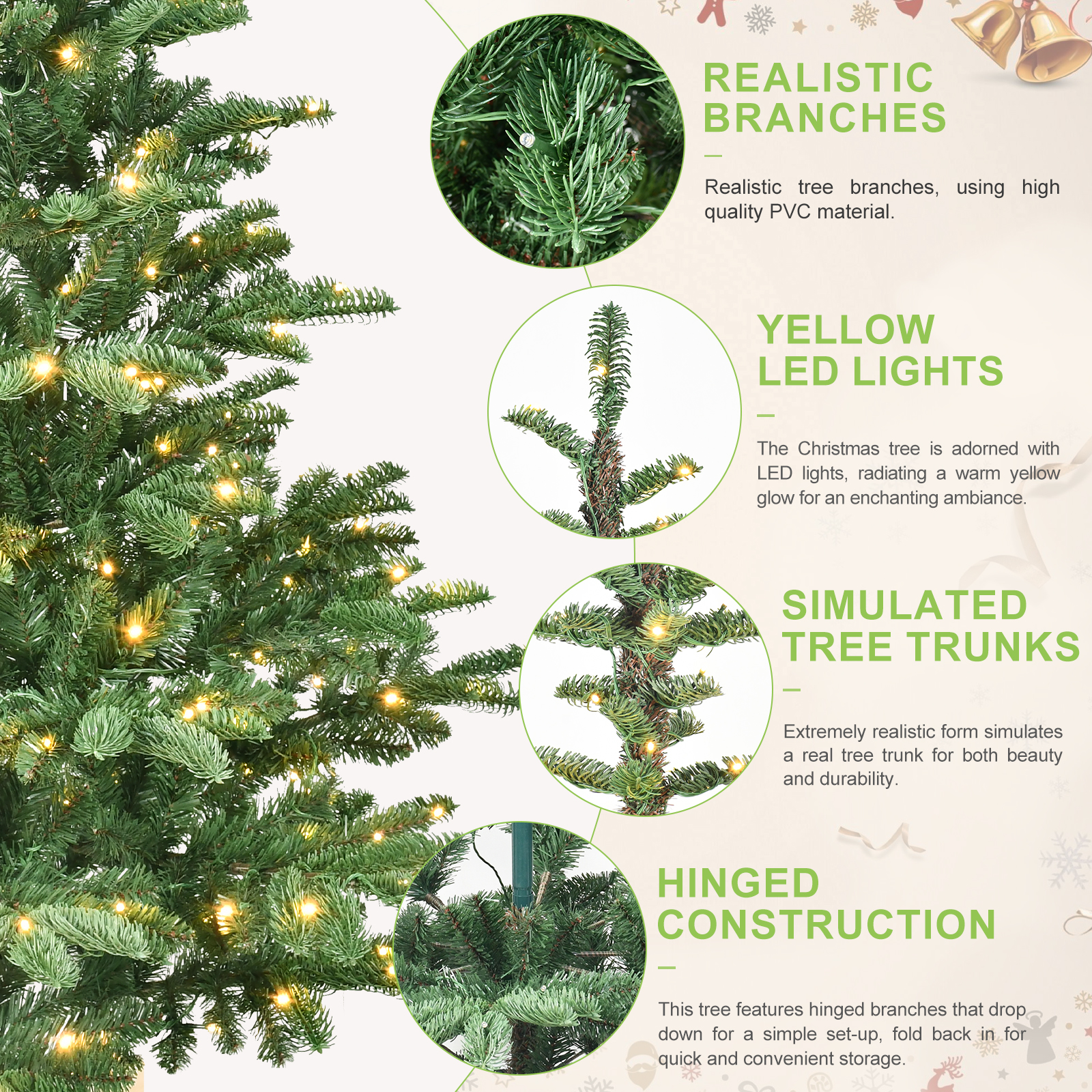 Mixed Material (PE & PVC) Holiday Pine Spruce Fir Trees Complete Set Includes Wooden Stand & Bright Illumination Options for Home Decorations