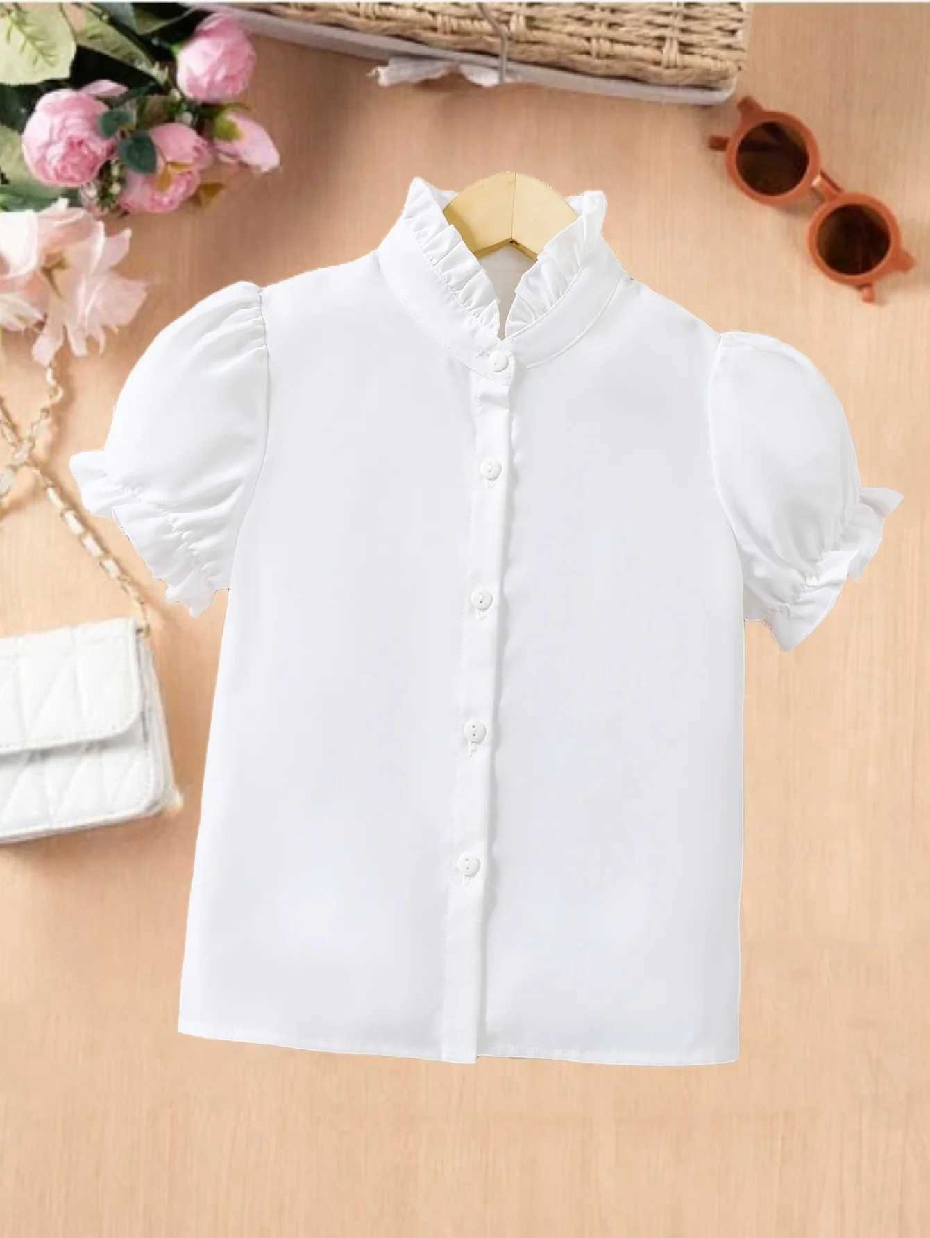 New summer girls shirt white short sleeves ruffled decoration comfortable and breathable. X250806