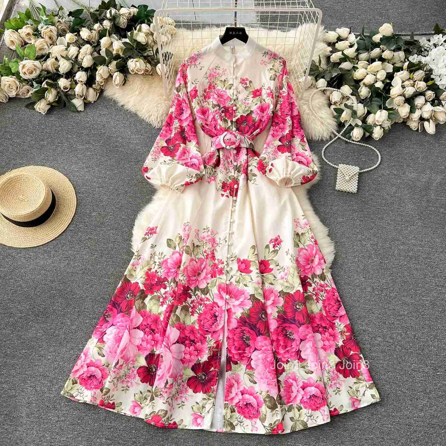 Elegant Gorgeous Floral Bohemian Dress Spring Women Stand Long Lantern Sleeve Floral Print Belt Linen Long Vestidos Clothes 6235
