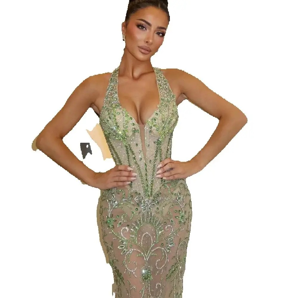 Sexy Halter Crystal Mermaid Evening Gown Elegant Sleeveless Beaded Lace Prom Dress Illusion Sweep Train Party Gown Customized