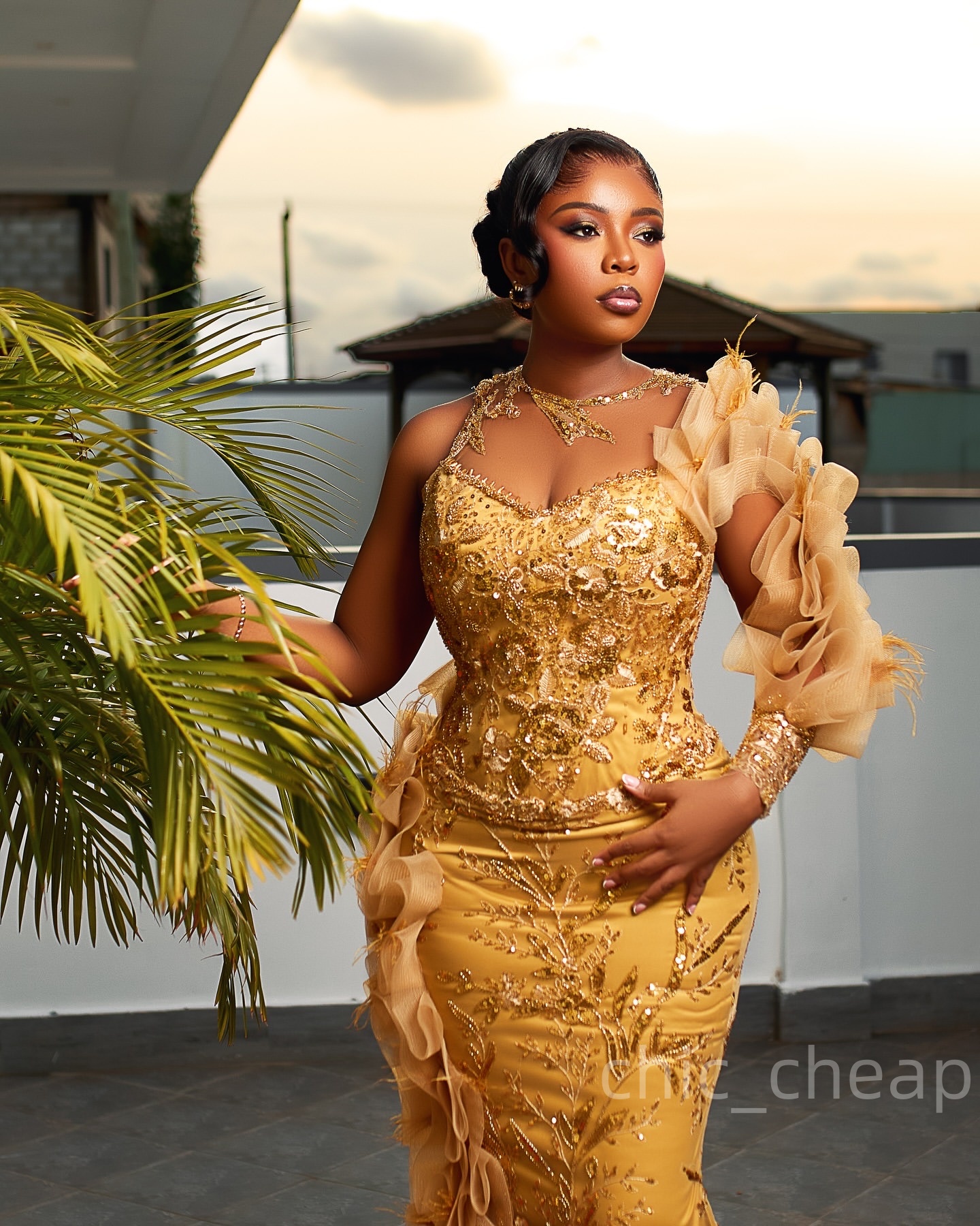 Mermaid Gold Prom Dresses 2025 Beaded Sequined Lace Sparkly Evening Formal Party Second Birthday Engagement Gowns Plus Size Dress For Special Occasion