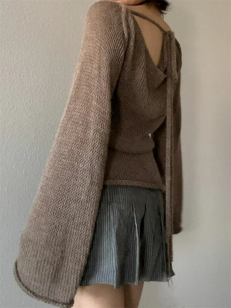 Women Sweater Backless Tie-up Long Sleeve Pullover Knit Tops See Through Beach Sexy Casual Loose Shirts Y2K Aesthetic Clothes 250806