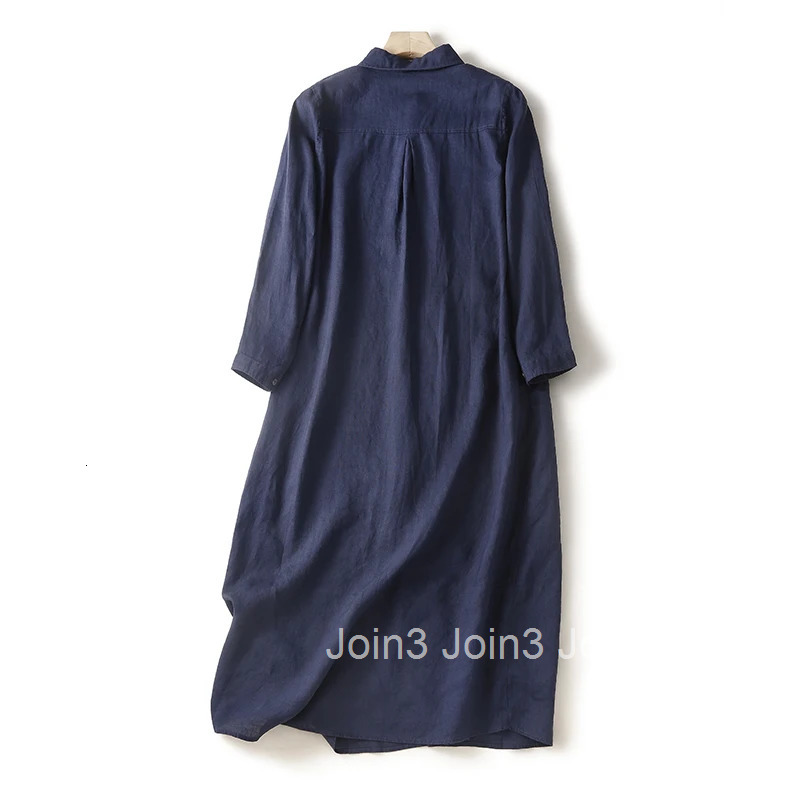 Women Long Dress Navy Blue Loose Casual Long Sleeve Cotton Linen Shirt Dress Autumn Oversize Elegant Office Lady T012