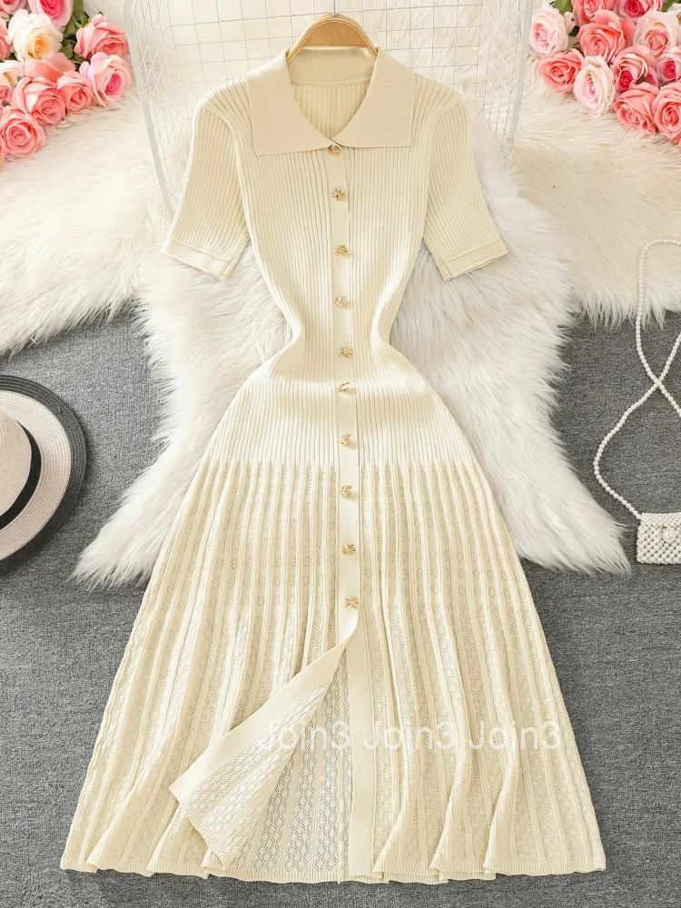 Summer New Womens Black Beige Single Breasted Knitted Long Dress Green Elegant Office Lady Short Sleeve Pleated Dress Chic