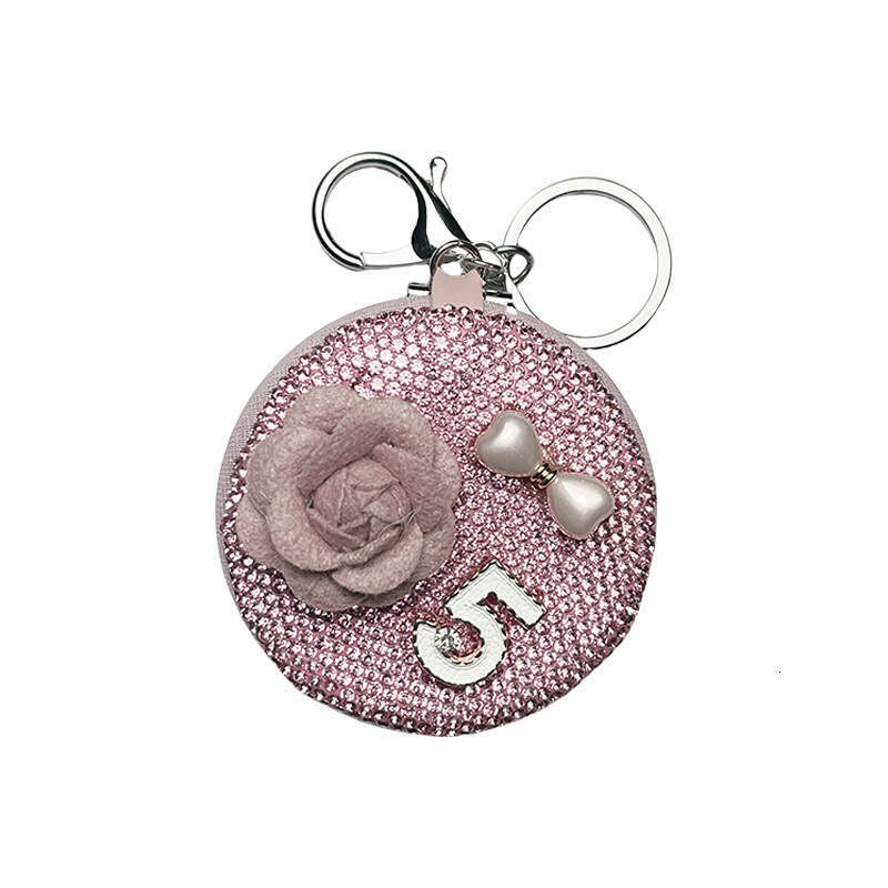 DHpet_wholesale Glamorous Camellia Mirror Keychain - Crystal-Studded Compact Mirror with Beaded Chain, Korean Style Bag Charm Gift (103g)