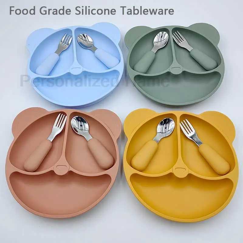 Baby Silicone Sucker Bowl Childrens Dishes Bear Face Plate Kids Tableware Set Personalized Name Feeding Plates BPA Free X250806