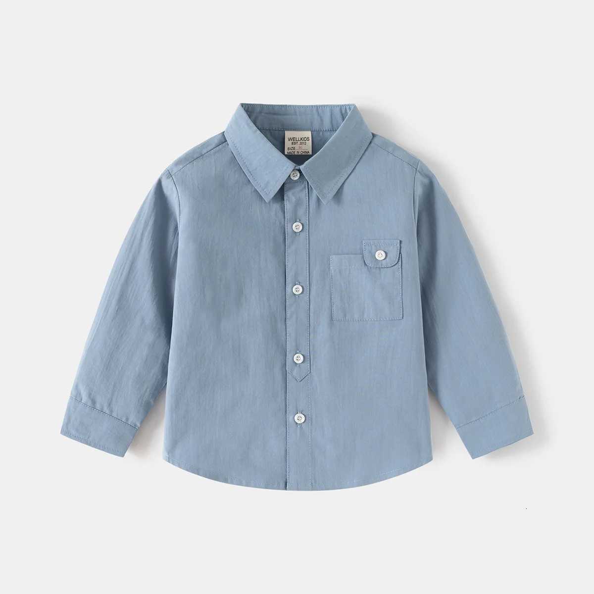 2025 Spring Autumn New 2 3 4 5 6 7 8 Years Handsome Solid Color Cotton Turn Down Collar Long Sleeve Pocket Baby Kids Boys Shirt X250806