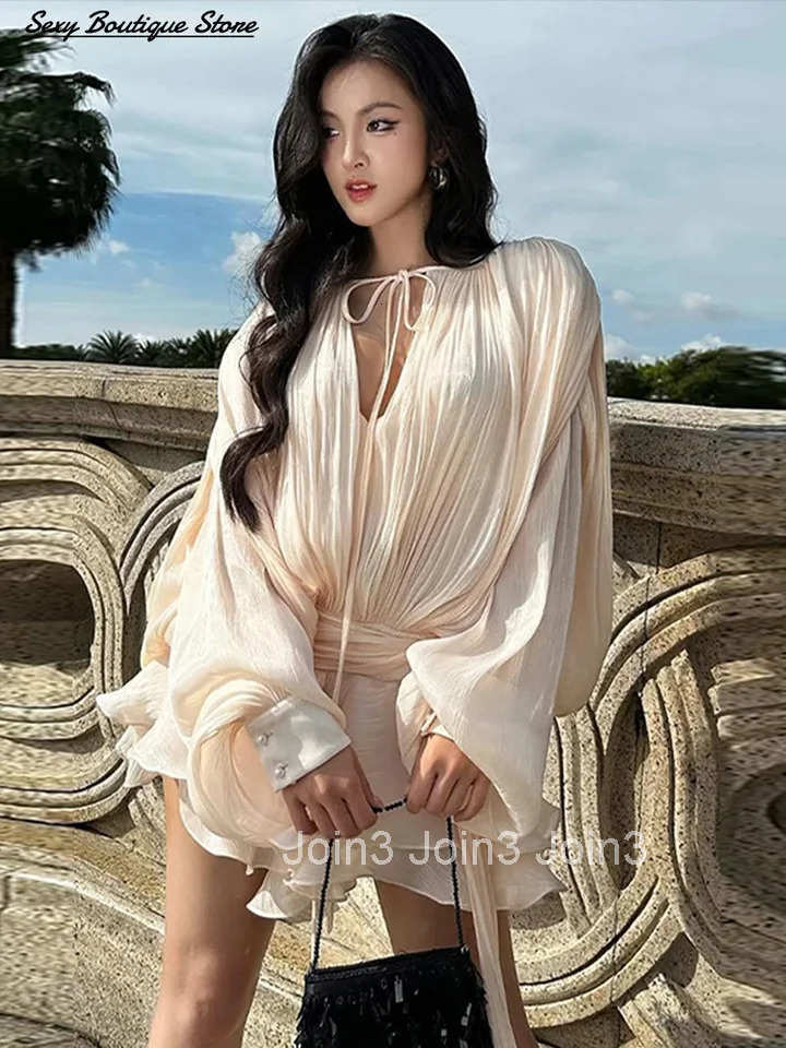 Elegant Ruched Mini Dress For Women Round Neck Lantern Long Sleeve High Waist Temperament Dresses Female Fashion CLOTHING