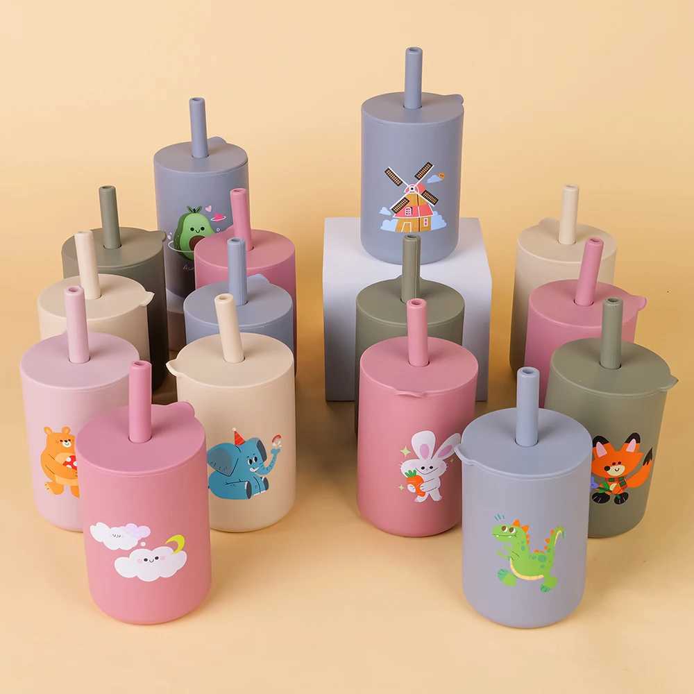 100% Baby Feeding Straw Cup Baby Cartoon Learning Feeding Cup Food Grade Silicone Toddler Water Bottle Tableware BPA Free X2508061