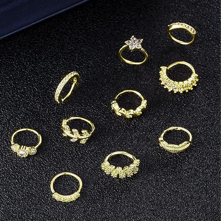 10Pcs Nose Ring Hoop Paved Flower Leaf Feather CZ Cartilage Earrings Nose Piercing Jewelry for Women Men Gold Tone 20G