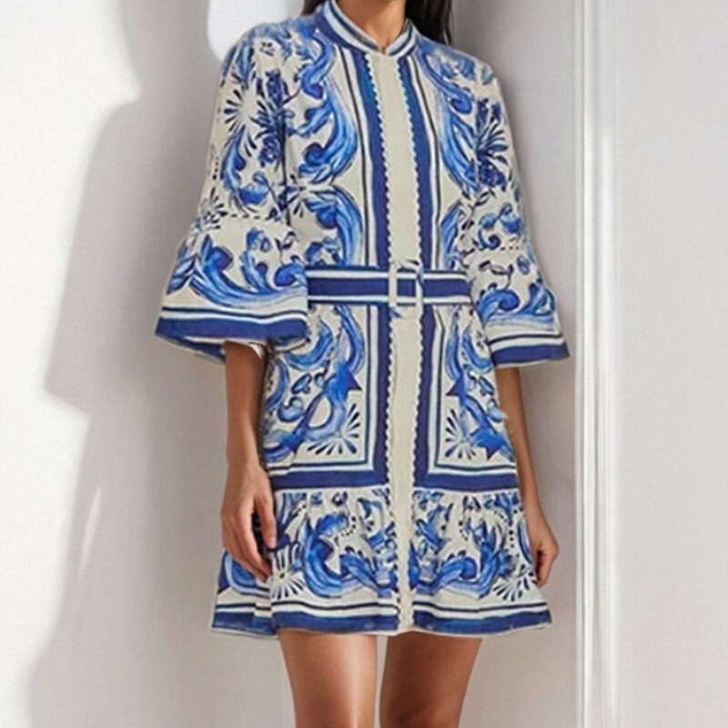 Spring New Women's French Style Round Neck Waist-Cinching Flared Sleeve Printed Dress B5