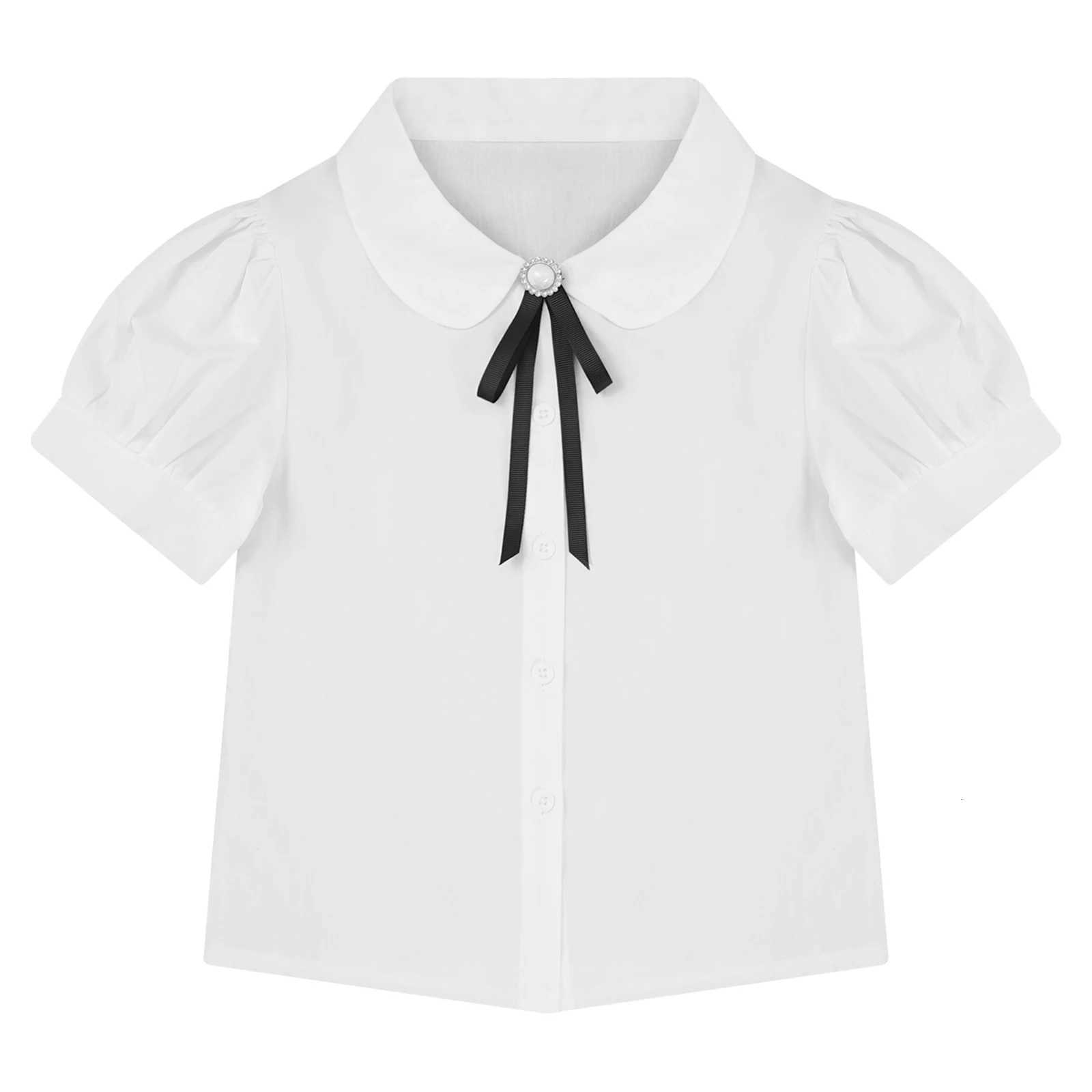 White Kids School Girls Fashion Shirt Cute Short Sleeve Shirt Casual Solid Color Turn-Down Collar Bowknot Blouse Button Tops X250806