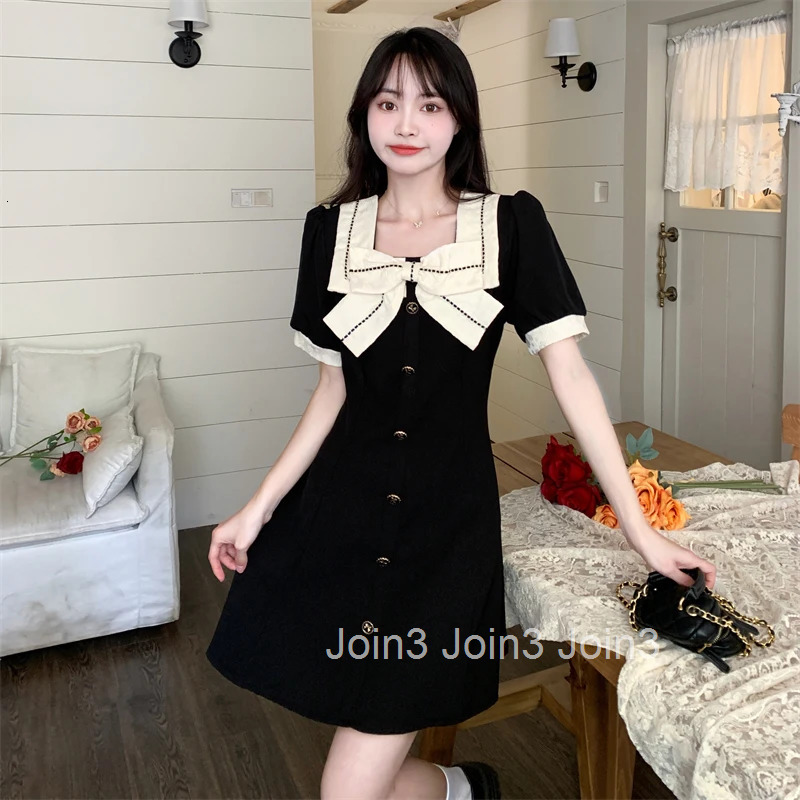 High Waist Dress Women Summer Bow Sweet Square Collar Short Sleeve Princess Girlish Elegant Office Lady Korean Style Preppy Chic