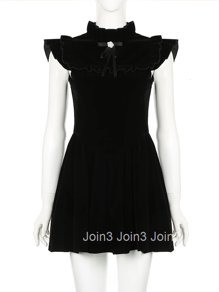 IAMSURE Elegant Fashion Velvet A-Line Dress Slim Solid Ruffles Sleeveless Mini Dresses For Women Autumn Winter Streetwear