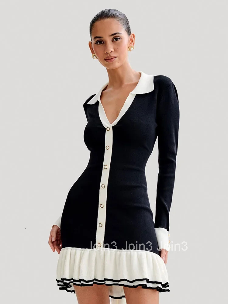 Tossy Ruffled Bow Knit Mini Dress Womens Summer Backless Contrast Cardigan Lace-Up Elegant Dress Female Knitwear Bandage Dress