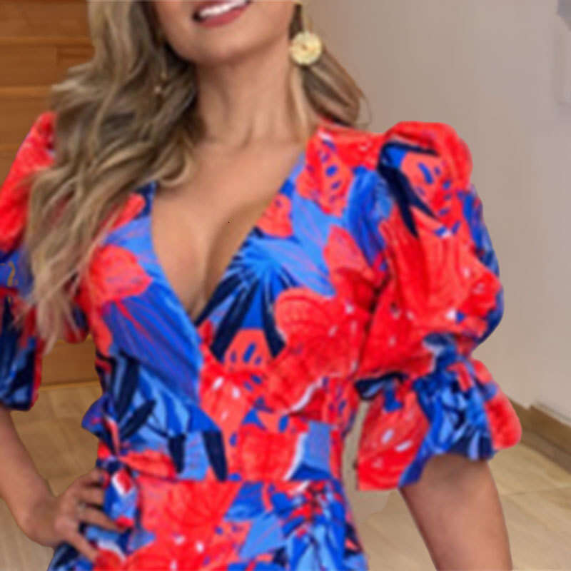 Summer New Women's Fashion Slim Waist Printed Stylish V-Neck Casual Dress 661 B5