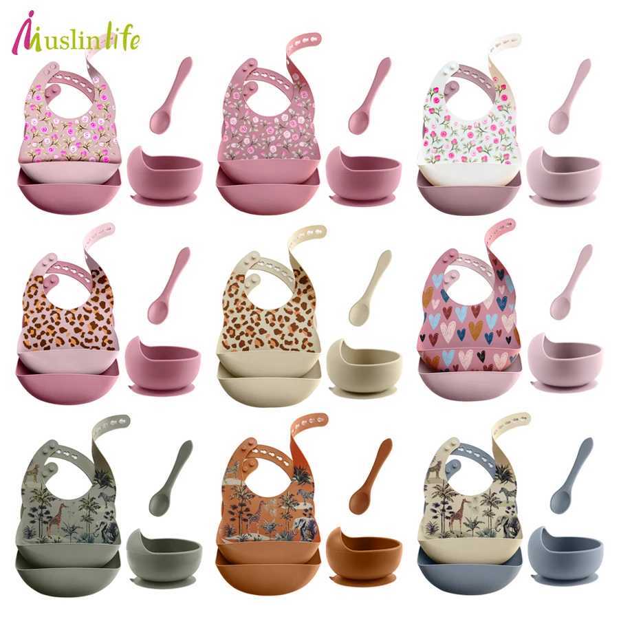 4pcs/Set Baby Childrens Tableware Waterproof Bib Cartoon Printed Drool Apron Feeding Sucker Bowl Dishes Plate Baby Supplies X250806
