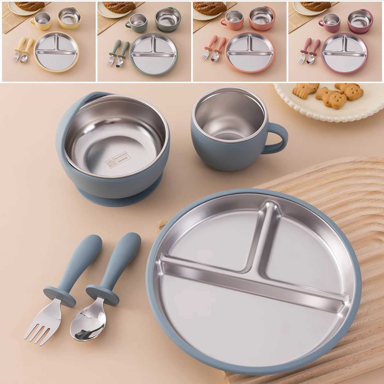 5PCS Color Kids Baby Feeding Set Stainless Steel Silicone Tableware Sucker Dishes Plate Bowl Training Fork Spoon Infant Cup X250806