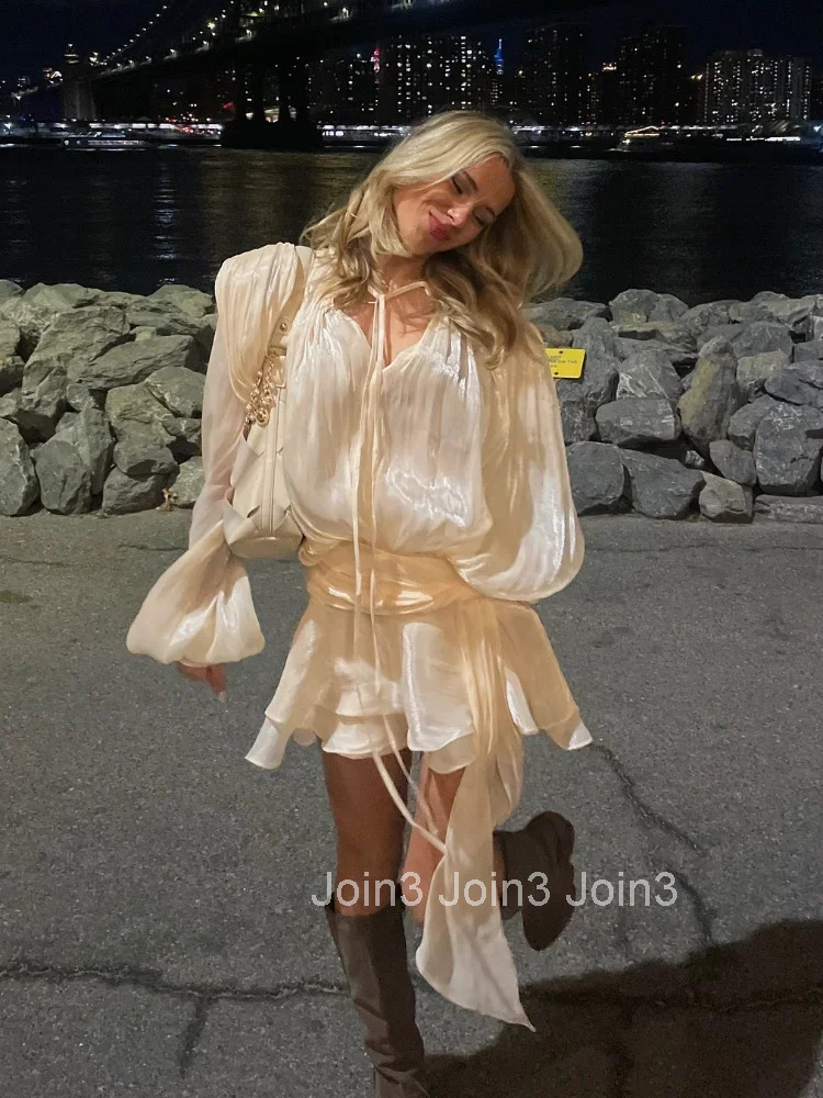 Elegant Ruched Mini Dress For Women Round Neck Lantern Long Sleeve High Waist Temperament Dresses Female Fashion CLOTHING