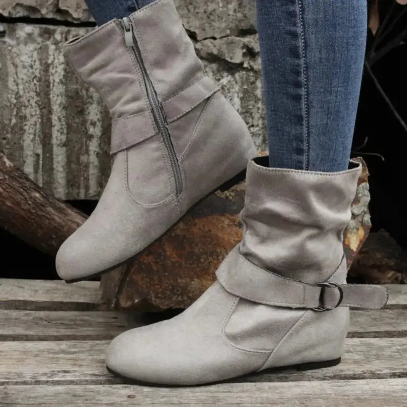 Leisure Ankle Boots Simple Commuting Round Toe Leather Boots Flat Bottomed Belt Buckle Womens Shoes Zapatos De Mujer 250805